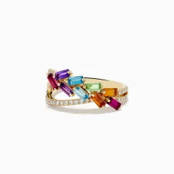 Rings|BH Multi Mosaic Mix 14K Yellow Gold Stones and Diamond Crossover Ring