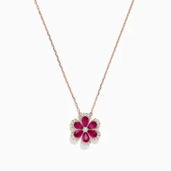 Necklaces & Pendants|BH Multi Nature 14K Rose Gold Ruby and Diamond Flower Necklace, 1.91 TCW
