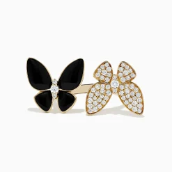Rings|BH Multi Nature 14K Yellow Gold Onyx and Diamond Butterfly Ring, 1.86 tcw