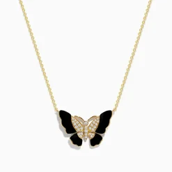 Necklaces & Pendants|Effy Jewelry Nature 14K Yellow Gold Onyx and Diamond Butterfly Necklace
