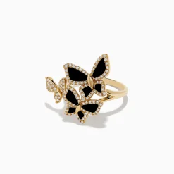 Rings|Effy Jewelry Nature 14K Yellow Gold Onyx and Diamond Multi Butterfly Ring
