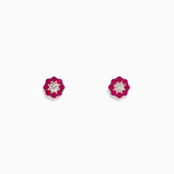 Earrings|BH Multi Nature 14K Yellow Gold Ruby and Diamond Flower Earrings, 0.50 TCW