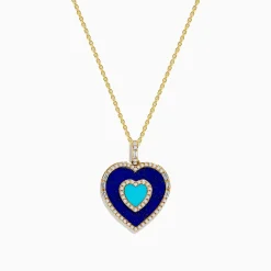 Necklaces & Pendants|Effy Jewelry Novelty 14K Yellow Gold Lapis, Turquoise and Diamond Heart Pendant