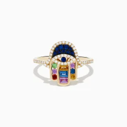 Rings|Effy Jewelry Novelty 14K Yellow Gold Multi Color Sapphire and Diamond Hamsa Ring