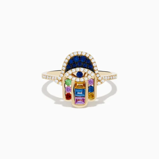 Rings|Effy Jewelry Novelty 14K Yellow Gold Multi Color Sapphire and Diamond Hamsa Ring