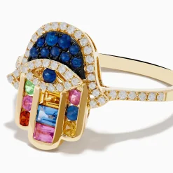 Rings|Effy Jewelry Novelty 14K Yellow Gold Multi Color Sapphire and Diamond Hamsa Ring