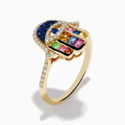 Rings|Effy Jewelry Novelty 14K Yellow Gold Multi Color Sapphire and Diamond Hamsa Ring