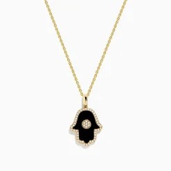 Necklaces & Pendants|Effy Jewelry Novelty 14K Yellow Gold Onyx and Diamond Hamsa Pendant