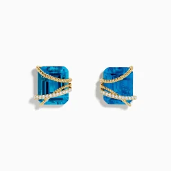 Earrings|Effy Jewelry Ocean Bleu 14K Yellow Gold Blue Topaz and Diamond Earrings