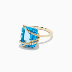 Rings|Effy Jewelry Ocean Bleu 14K Yellow Gold Blue Topaz and Diamond Ring