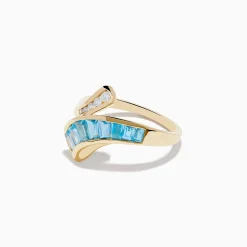 Rings|Effy Jewelry Ocean Bleu 14K Yellow Gold Blue Topaz and Diamond Bypass Ring