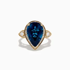 Rings|Effy Jewelry Ocean Bleu 14K Yellow Gold Pear Shaped Blue Topaz and Diamond Cocktail Ring