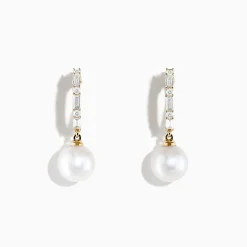 Earrings|Effy Jewelry Pearl 14 Karat Yellow Gold Pearl and Diamond Hoop Earrings