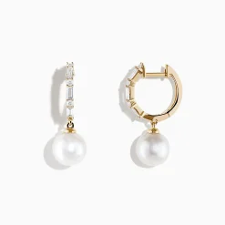 Earrings|Effy Jewelry Pearl 14 Karat Yellow Gold Pearl and Diamond Hoop Earrings
