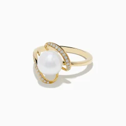 Rings|Effy Jewelry Pearl 14K Yellow Gold Pearl and Diamond Ribbon Ring