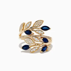 Rings|Effy Jewelry Royale Bleu 14K Yellow Gold Blue Sapphire and Diamond Leaf Ring