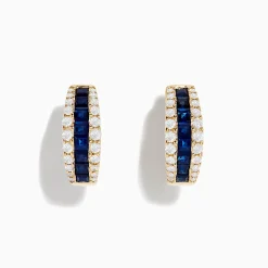 Earrings|Effy Jewelry Royale Bleu 14K Yellow Gold Blue Sapphire and Diamond Hoop Earrings