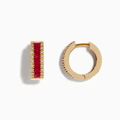 Earrings|Effy Jewelry Ruby Royal 14K Yellow Gold Princess Cut Ruby 5/8" Hoop Earrings, 1.76 TCW