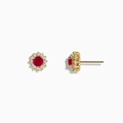 Earrings|Effy Jewelry Ruby Royal 14K Yellow Gold Round Diamond Halo Ruby Stud Earrings, 0.89 TCW