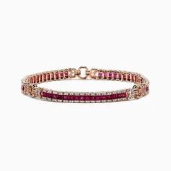 Bracelets|BH Multi Ruby Royale 14K Rose Gold Princess Cut Ruby and Diamond Tennis Bracelet, 7.66 TCW