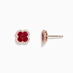 Earrings|Effy Jewelry Ruby Royale 14K Rose Gold Ruby and Diamond Flower Stud Earrings