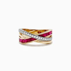 Rings|BH Multi Ruby Royale 14K Two Tone Gold Ruby and Diamond Crossover Band, 1.48 TCW