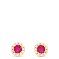 Earrings|Effy Jewelry Ruby Royale 14K Yellow Gold Round Diamond Halo Ruby Stud Earrings, 0.47 TCW