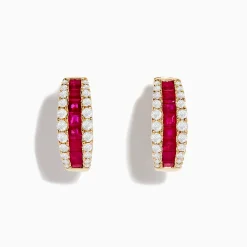 Earrings|Effy Jewelry Ruby Royale 14K Yellow Gold Ruby and Diamond 5/8" Hoop Earrings