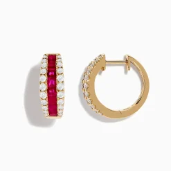 Earrings|Effy Jewelry Ruby Royale 14K Yellow Gold Ruby and Diamond 5/8" Hoop Earrings