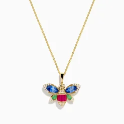 Necklaces & Pendants|Effy Jewelry Safari 14K Yellow Gold Sapphire, Emerald, Ruby and Diamond Dragon Fly Pendant