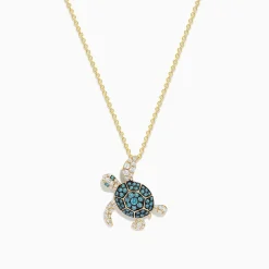 Necklaces & Pendants|Effy Jewelry Seaside 14K Yellow Gold Blue and White Diamond Turtle Pendant