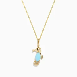 Necklaces & Pendants|Effy Jewelry Seaside 14K Yellow Gold Turquoise and Diamond Seahorse Pendant