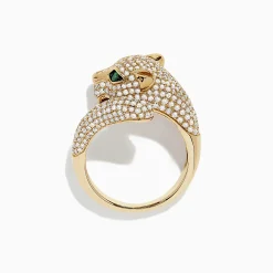 Rings|BH Multi Signature 14K Yellow Gold Diamond and Emerald Panther Ring, 1.43 TCW