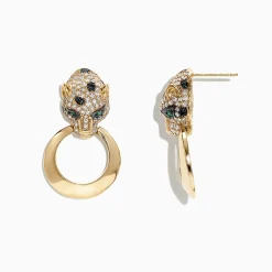 Earrings|Effy Jewelry Signature 14K Yellow Gold Diamond Emerald Panther Earrings, 0.93 TCW