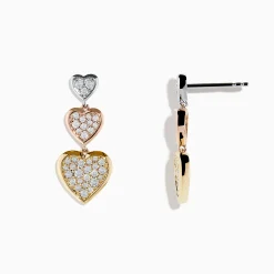 Earrings|Effy Jewelry Trio 14K Three Tone Gold Diamond Heart Drop Earrings 0.65 TCW