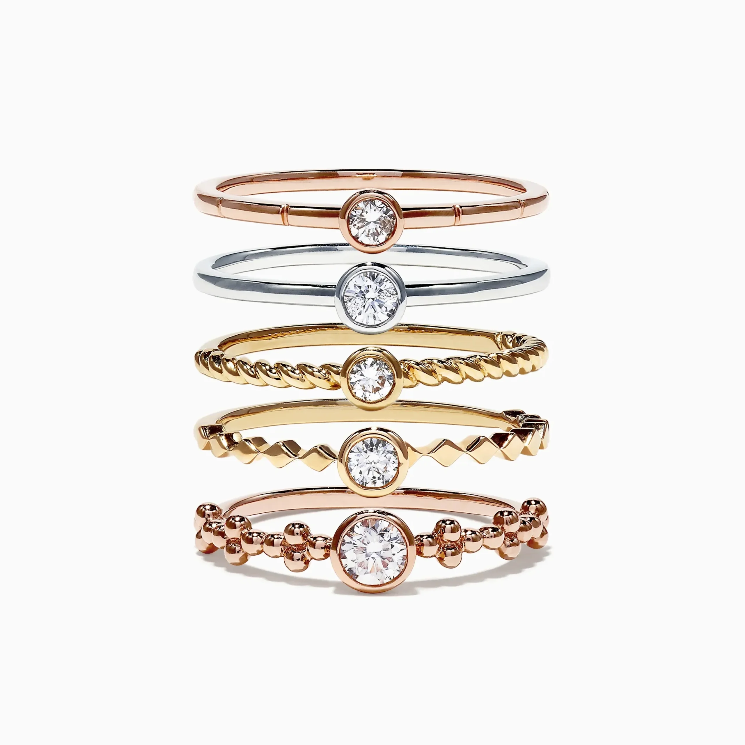 Rings|Effy Jewelry Trio 14K Tri Color Gold Diamond 5 Stack Ring, 0.61 TCW