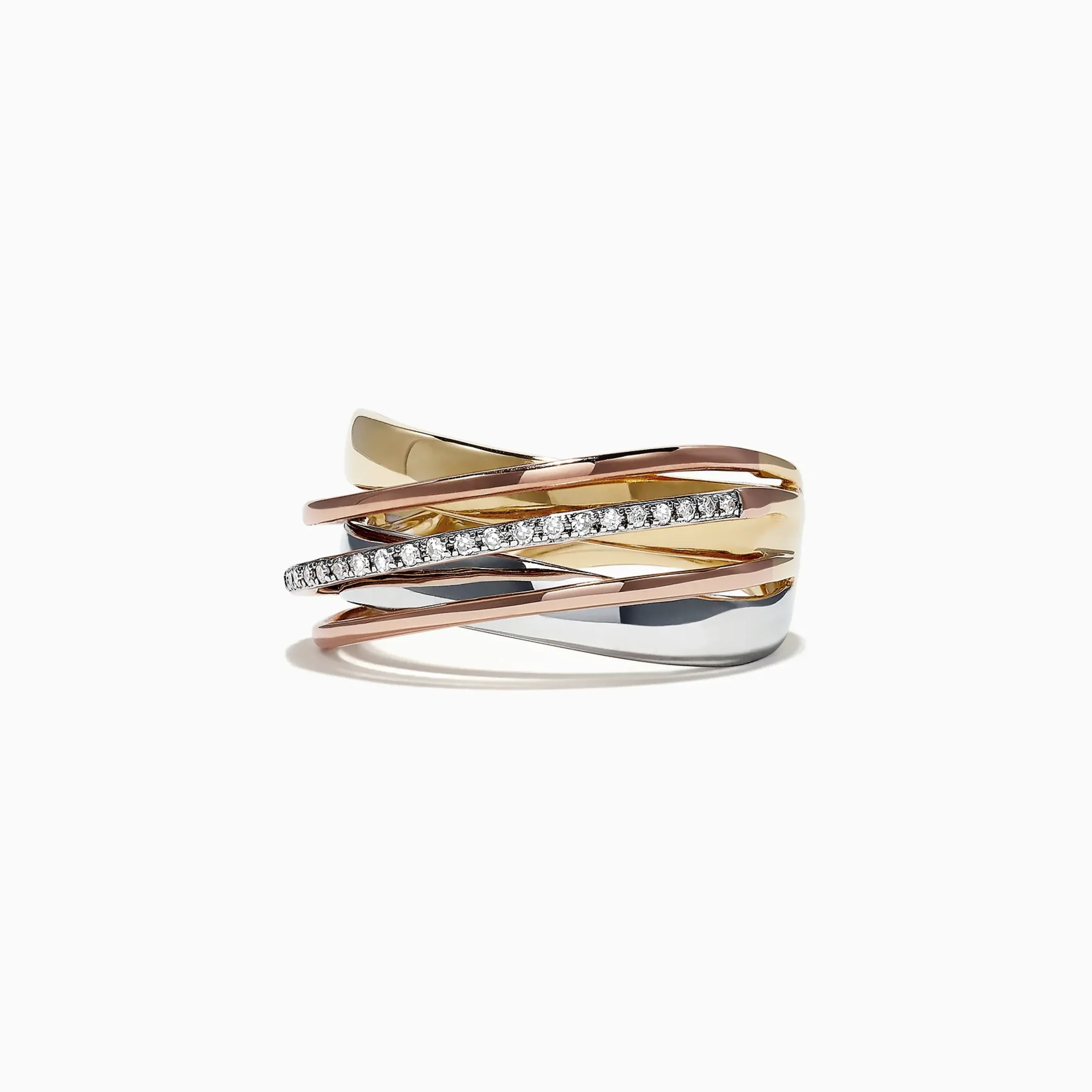 Rings|Effy Jewelry Trio 14K Tri-Color Gold Diamond Accented Crossover Ring, 0.11 TCW