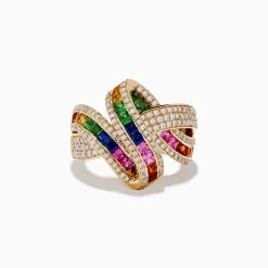 Rings|Effy Jewelry Watercolor 14k Yellow Gold Multi Sapphire and Diamond Ribbon Ring