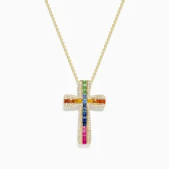 Necklaces & Pendants|BH Multi Watercolors 14K Gold Multi Sapphire and Diamond Cross Pendant