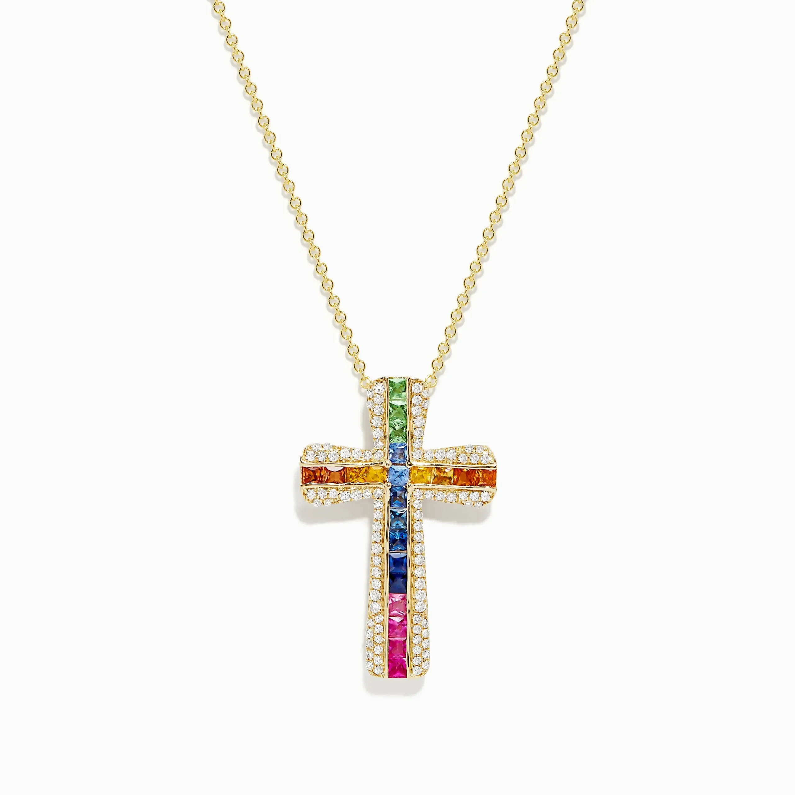 Necklaces & Pendants|BH Multi Watercolors 14K Gold Multi Sapphire and Diamond Cross Pendant