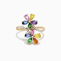 Rings|Effy Jewelry Watercolors 14K Gold Multi Sapphire and Diamond Floral Ring, 3.03 TCW