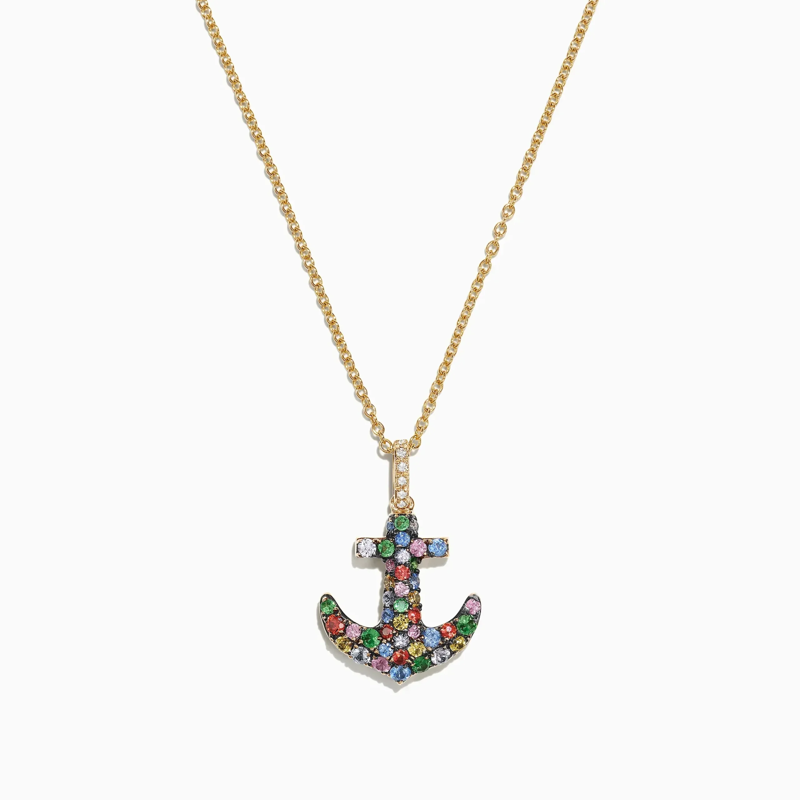 Necklaces & Pendants|Effy Jewelry Watercolors 14K Gold Multi Sapphire Diamond Anchor Pendant, 0.76 TCW