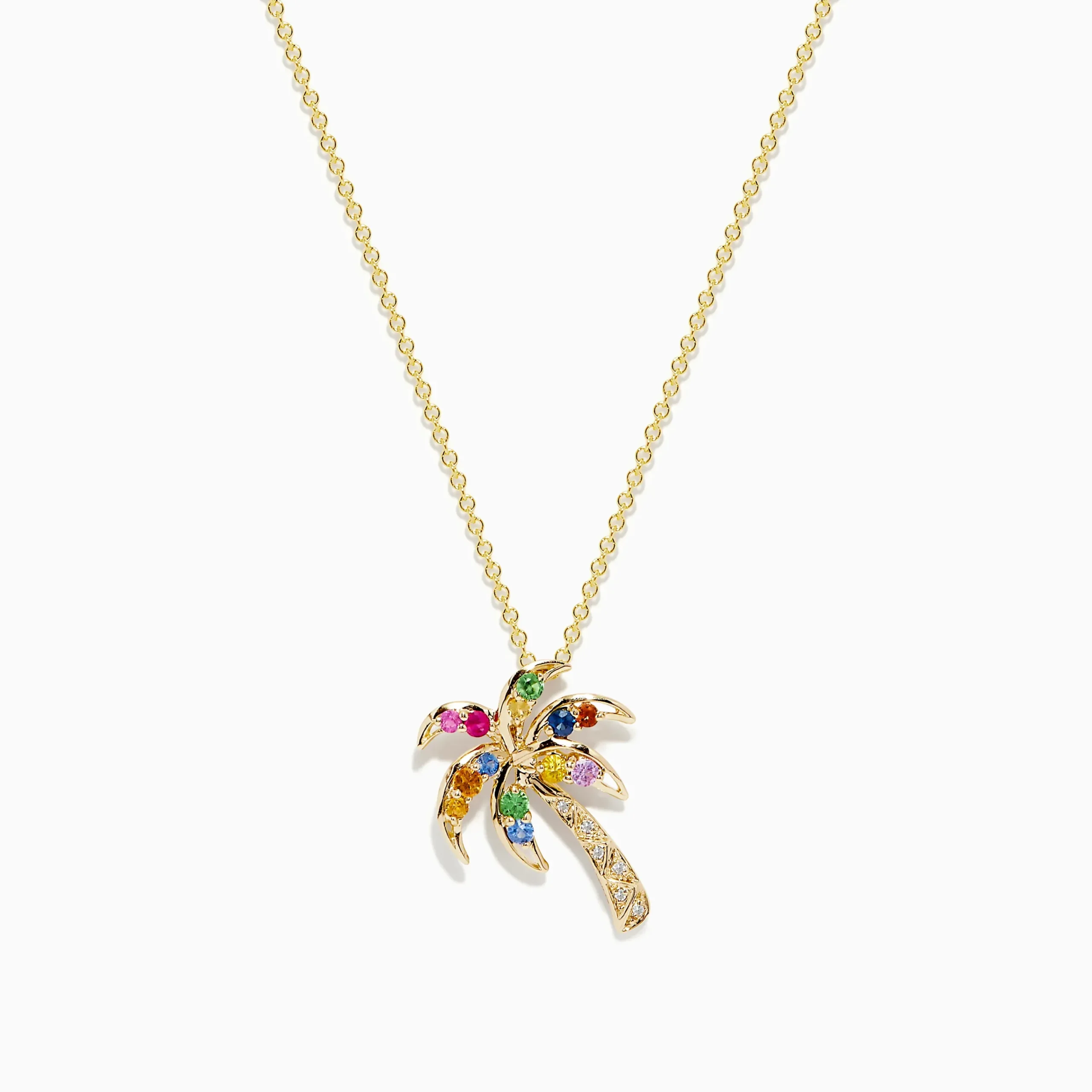 Necklaces & Pendants|BH Multi Watercolors 14K Gold Multi Sapphire and Diamond Palm Tree Pendant