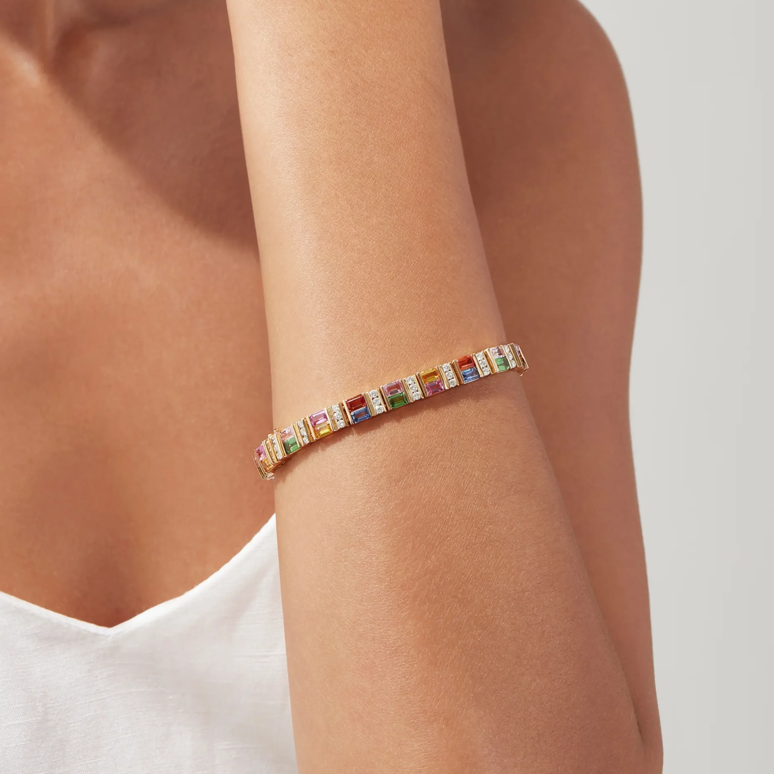 Bracelets|BH Multi Watercolors 14K Gold Multi Sapphire and Diamond Bracelet, 16.10 TCW