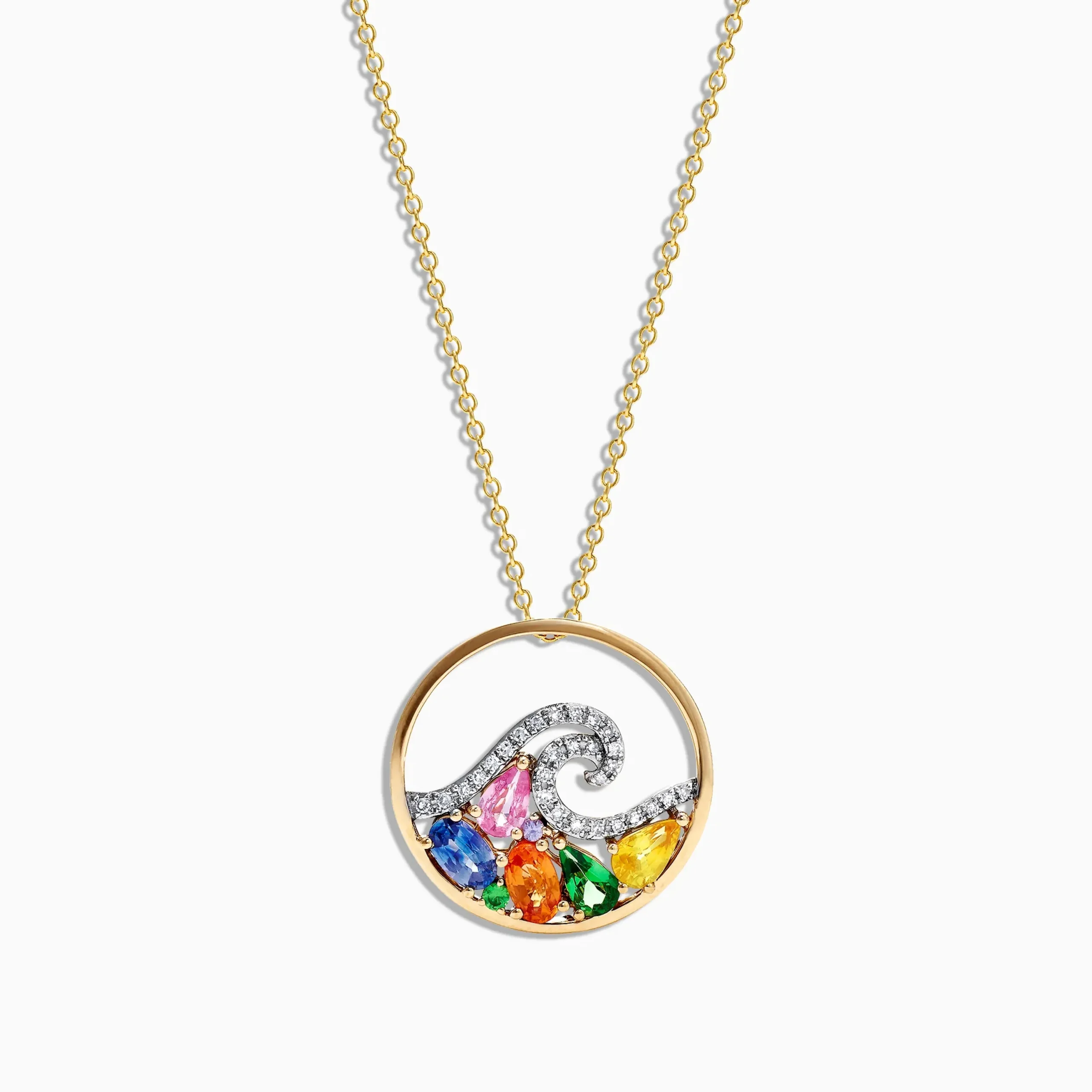 Necklaces & Pendants|Effy Jewelry Watercolors 14K Gold Multi Sapphire Diamond Wave Pendant, 1.63 TCW