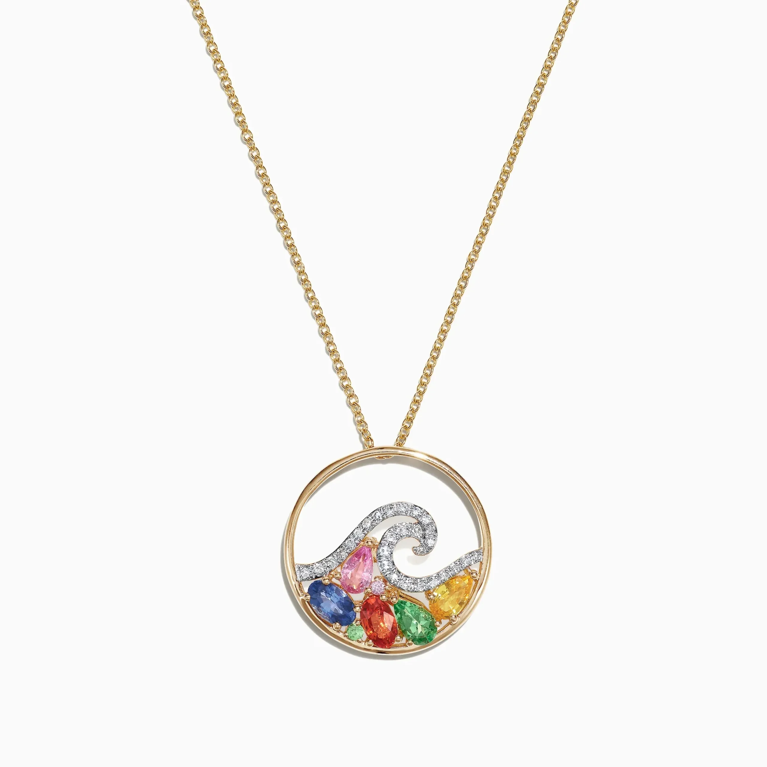 Necklaces & Pendants|Effy Jewelry Watercolors 14K Gold Multi Sapphire Diamond Wave Pendant, 1.63 TCW