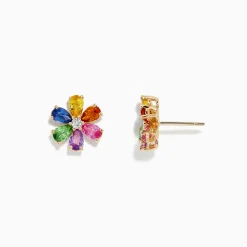 Earrings|BH Multi Watercolors 14K Gold Multi Sapphire and Diamond Flower Stud Earrings