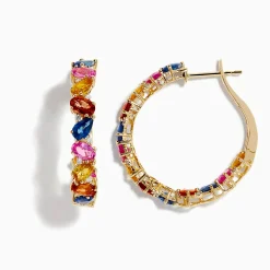 Earrings|Effy Jewelry Watercolors 14K Yellow Gold Multi Sapphire and Diamond Hoop Earrings