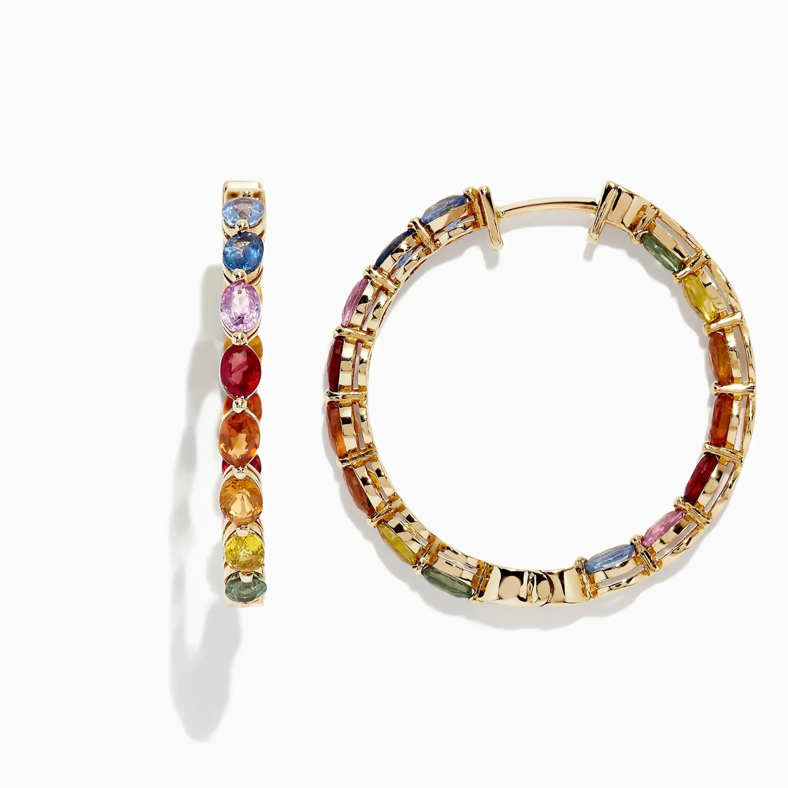 Earrings|BH Multi Watercolors 14K Yellow Gold Multi Sapphire 1" Hoop Earrings, 6.18 TCW