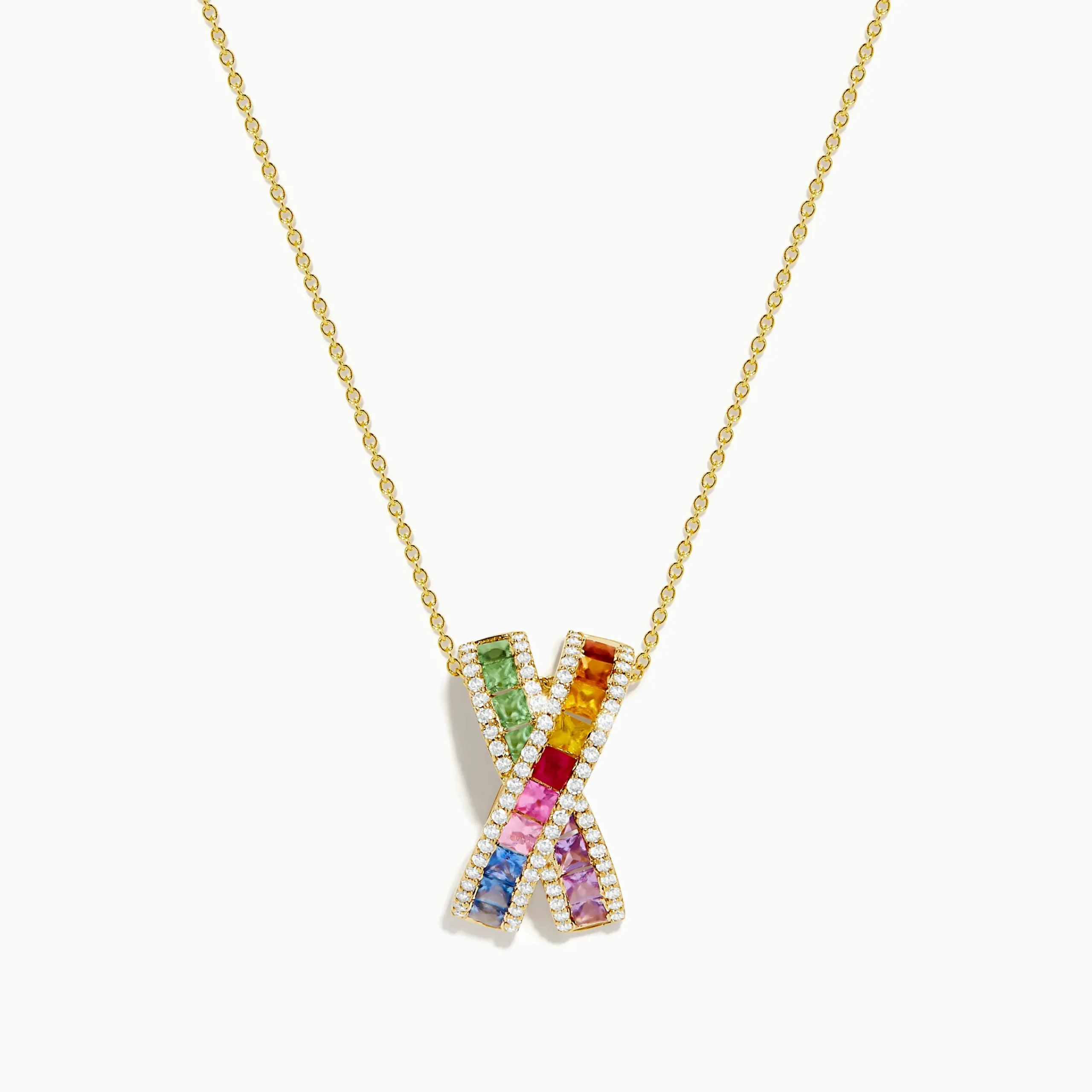 Necklaces & Pendants|Effy Jewelry Watercolors 14K Yellow Gold Diamond Multi Color Sapphire X Pendant